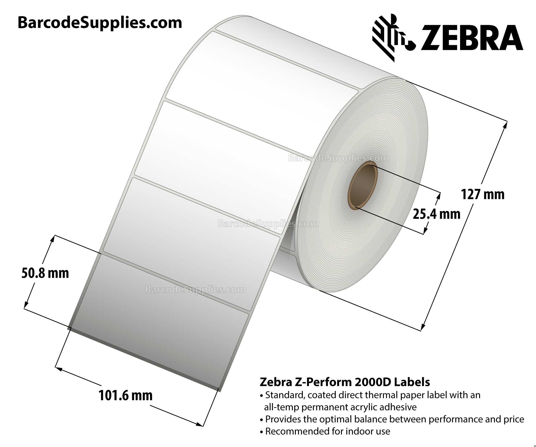 4 x 2 Direct Thermal White Z-Perform 2000D (No Perf) Labels With All-Temp Adhesive - Not Perforated - 1240 Labels Per Roll - Carton Of 6 Rolls - 7440 Labels Total - MPN: 10012163