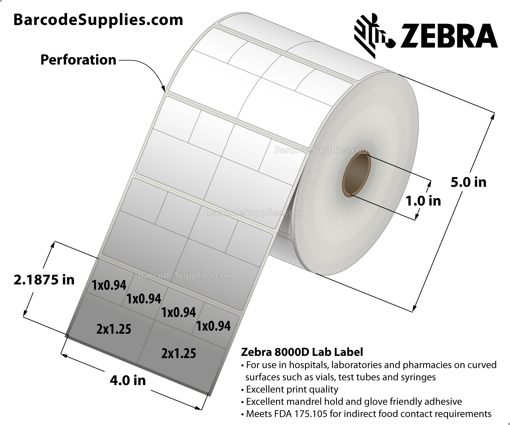 4 x 2.1875 Direct Thermal White 8000D Lab Labels With Permanent Adhesive - Slits through facestock create six labels: (4) 1x0.9375 labels and (2) 2x1.25 labels - Perforated - 1000 Labels Per Roll - Carton Of 2 Rolls - 2000 Labels Total - MPN: 10026376