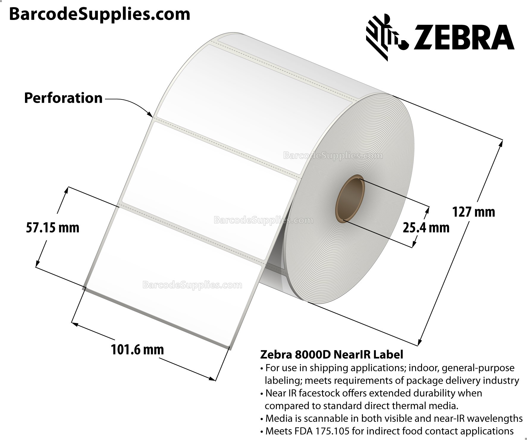 4 x 2.25 Direct Thermal White 8000D Near-IR (Parcel Shipping Label) Labels With Permanent Adhesive - Perforated - 1060 Labels Per Roll - Carton Of 4 Rolls - 4240 Labels Total - MPN: 10010059