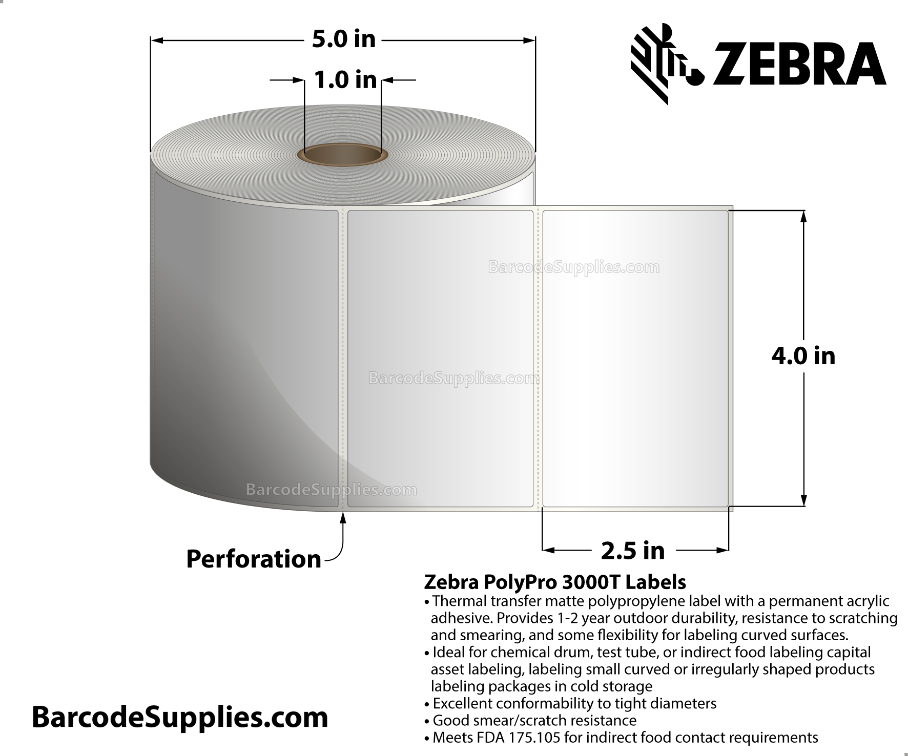 4 x 2.5 Thermal Transfer White PolyPro 3000T Labels With Permanent Adhesive - Perforated - 900 Labels Per Roll - Carton Of 4 Rolls - 3600 Labels Total - MPN: 18929