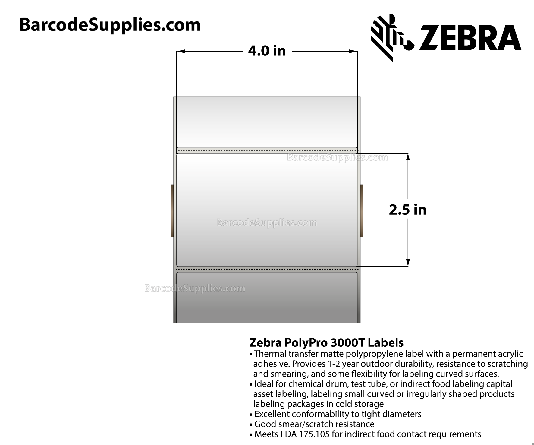 4 x 2.5 Thermal Transfer White PolyPro 3000T Labels With Permanent Adhesive - Perforated - 900 Labels Per Roll - Carton Of 4 Rolls - 3600 Labels Total - MPN: 18929