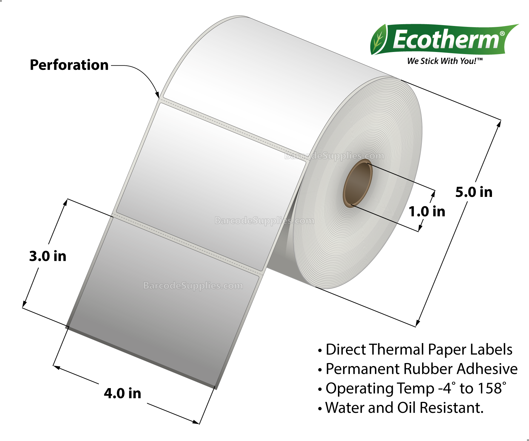 4 x 3 Direct Thermal White Labels With Rubber Adhesive - Perforated - 930 Labels Per Roll - Carton Of 6 Rolls - 5580 Labels Total - MPN: ECOTHERM15151-6