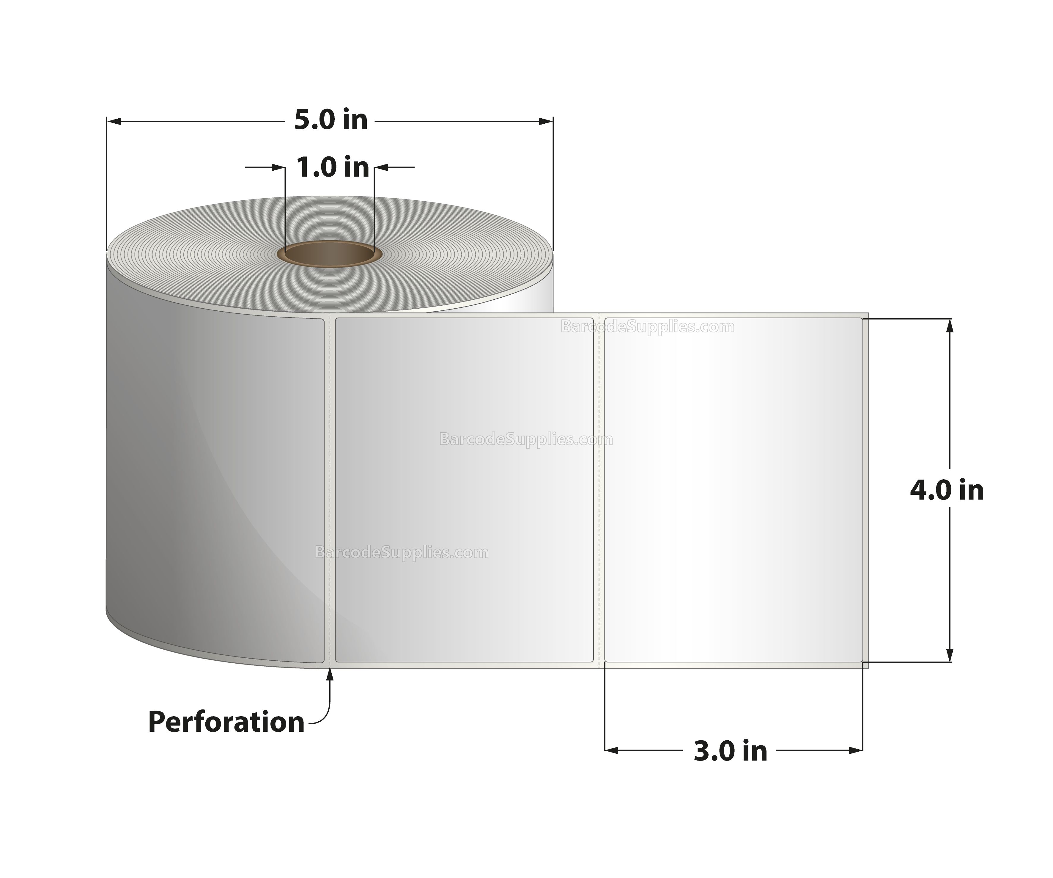 4 x 3 Thermal Transfer White Labels With Permanent Adhesive - Perforated - 890 Labels Per Roll - Carton Of 12 Rolls - 10680 Labels Total - MPN: RT-4-3-890-1 - BarcodeSource, Inc.