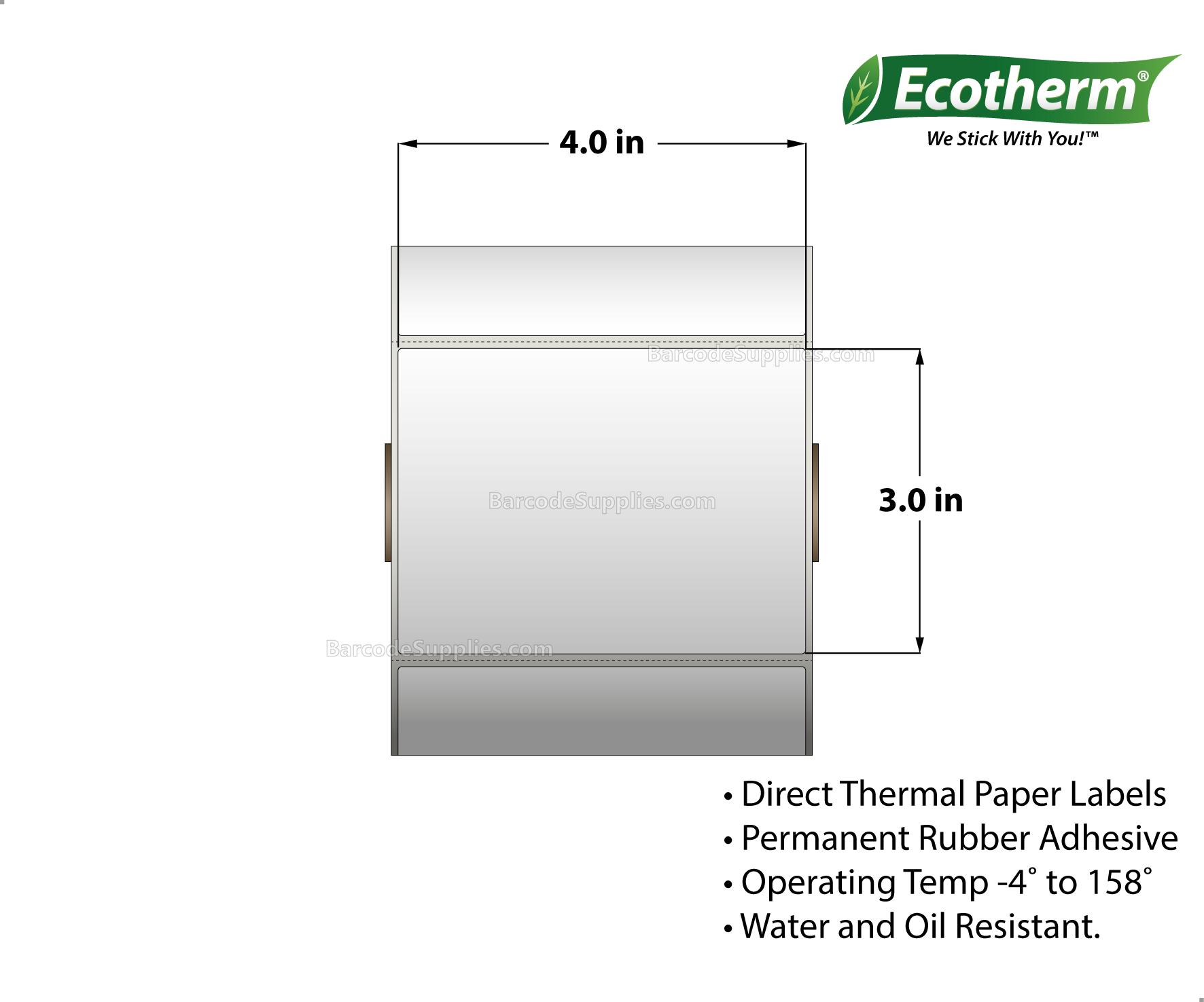 4 x 3 Direct Thermal White Labels With Rubber Adhesive - Perforated - 930 Labels Per Roll - Carton Of 6 Rolls - 5580 Labels Total - MPN: ECOTHERM15151-6