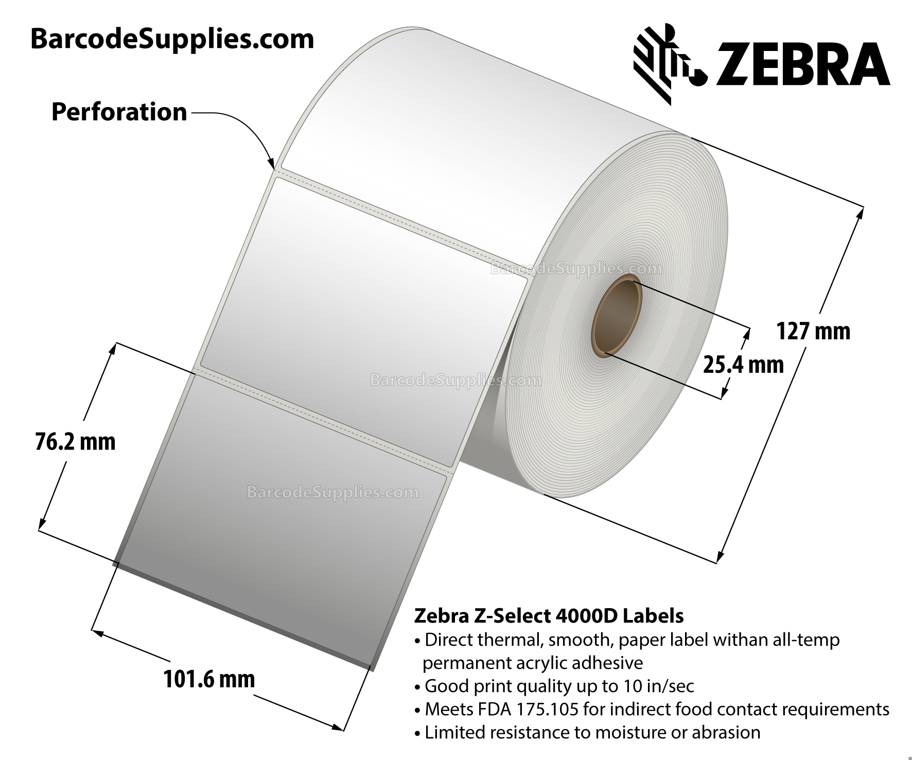 4 x 3 Direct Thermal White Z-Select 4000D Labels With All-Temp Adhesive - Perforated - 930 Labels Per Roll - Carton Of 12 Rolls - 11160 Labels Total - MPN: 10015344