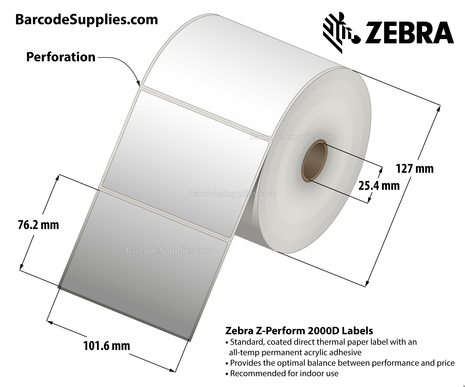 4 x 3 Direct Thermal White Z-Perform 2000D Labels With All-Temp Adhesive - Perforated - 840 Labels Per Roll - Carton Of 6 Rolls - 5040 Labels Total - MPN: 10010032