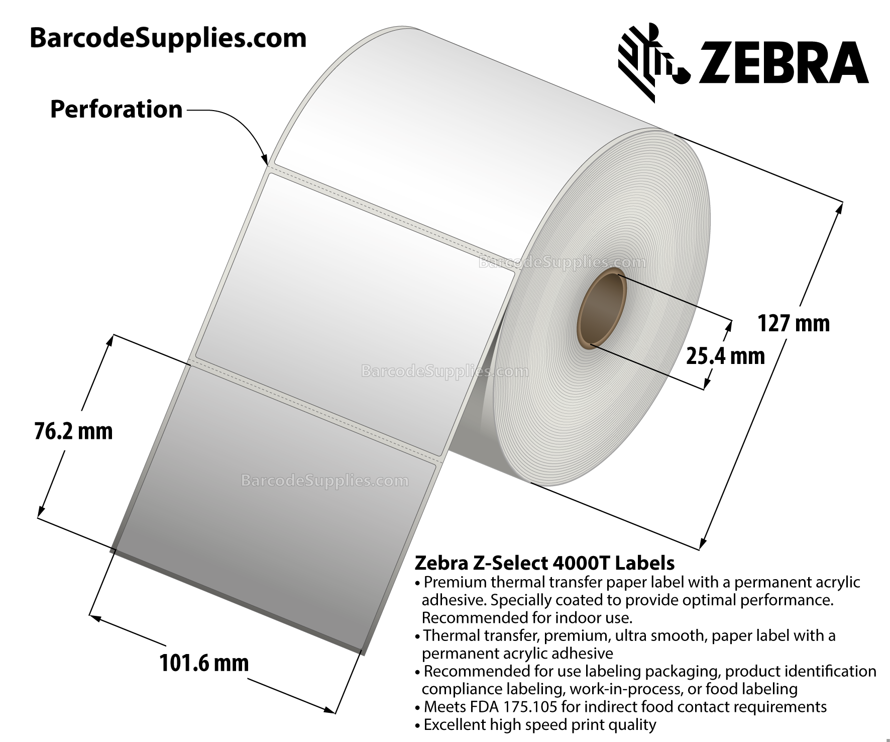 4 x 3 Thermal Transfer White Z-Select 4000T Labels With Permanent Adhesive - Perforated - 930 Labels Per Roll - Carton Of 12 Rolls - 11160 Labels Total - MPN: 800274-305
