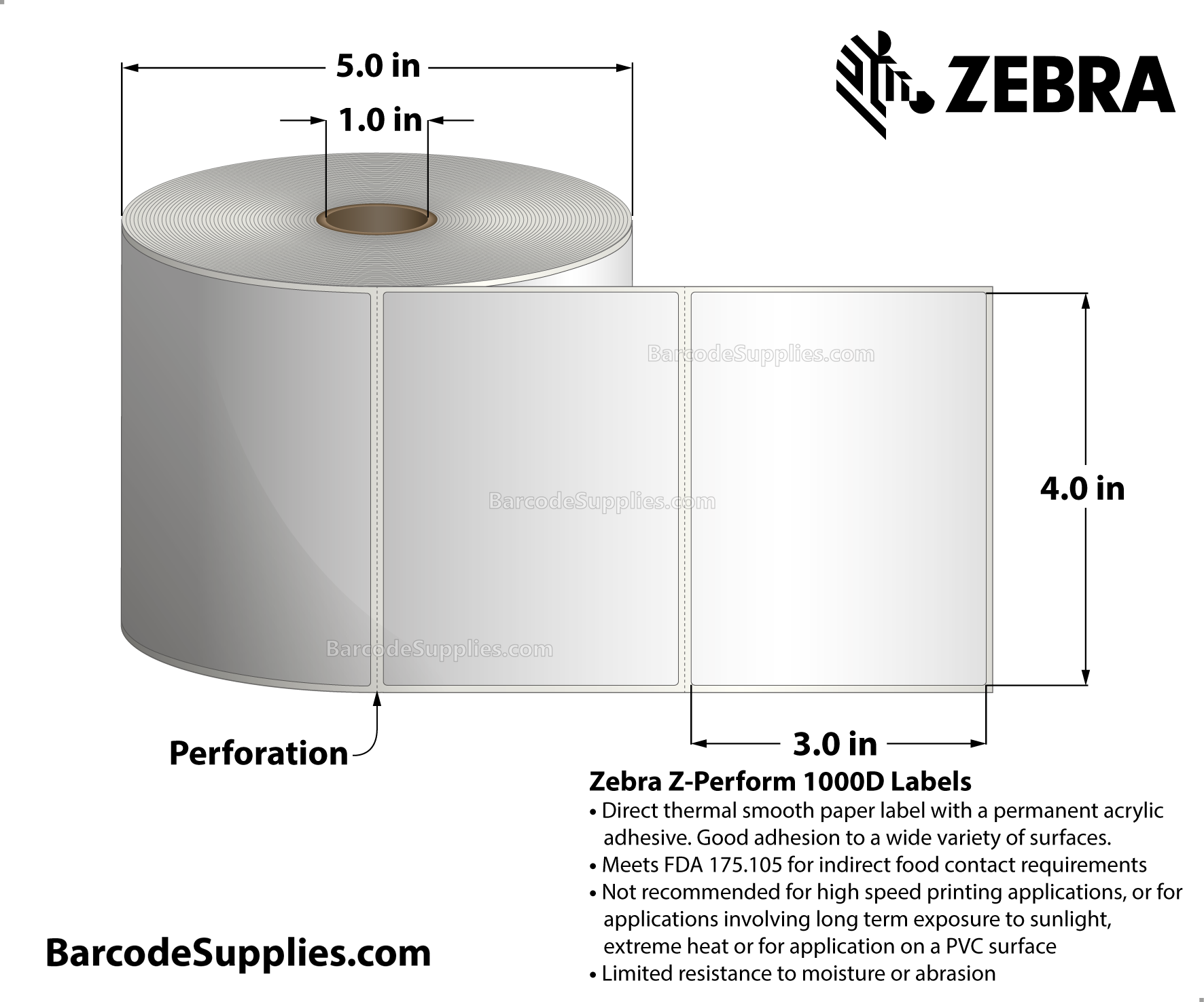 4 x 3 Direct Thermal White Z-Perform 1000D Labels With Permanent Adhesive - Perforated - 840 Labels Per Roll - Carton Of 6 Rolls - 5040 Labels Total - MPN: 10026380