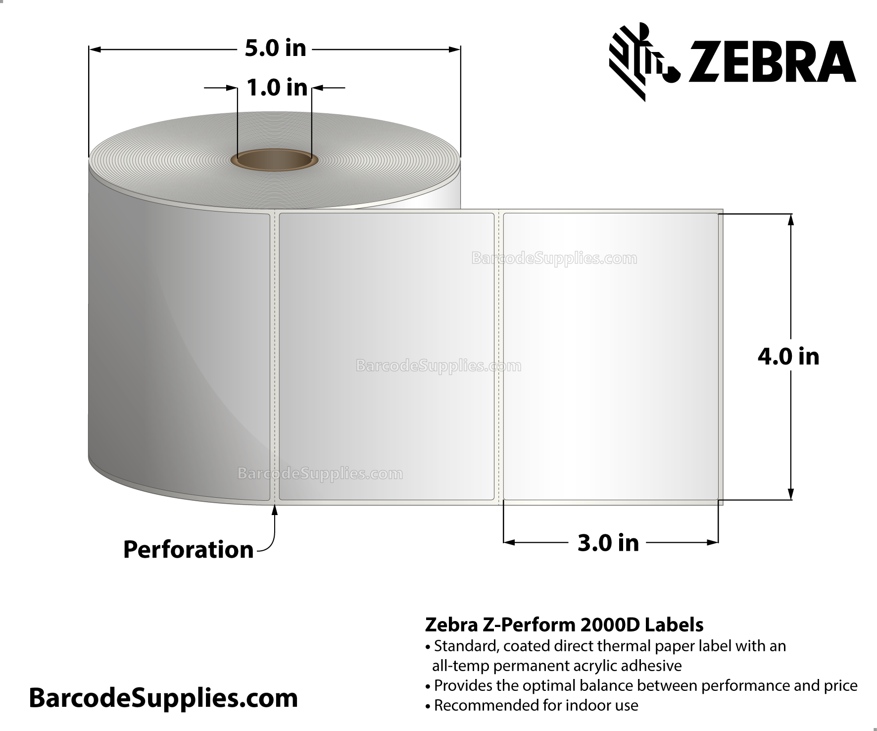 4 x 3 Direct Thermal White Z-Perform 2000D Labels With All-Temp Adhesive - Perforated - 840 Labels Per Roll - Carton Of 6 Rolls - 5040 Labels Total - MPN: 10010032