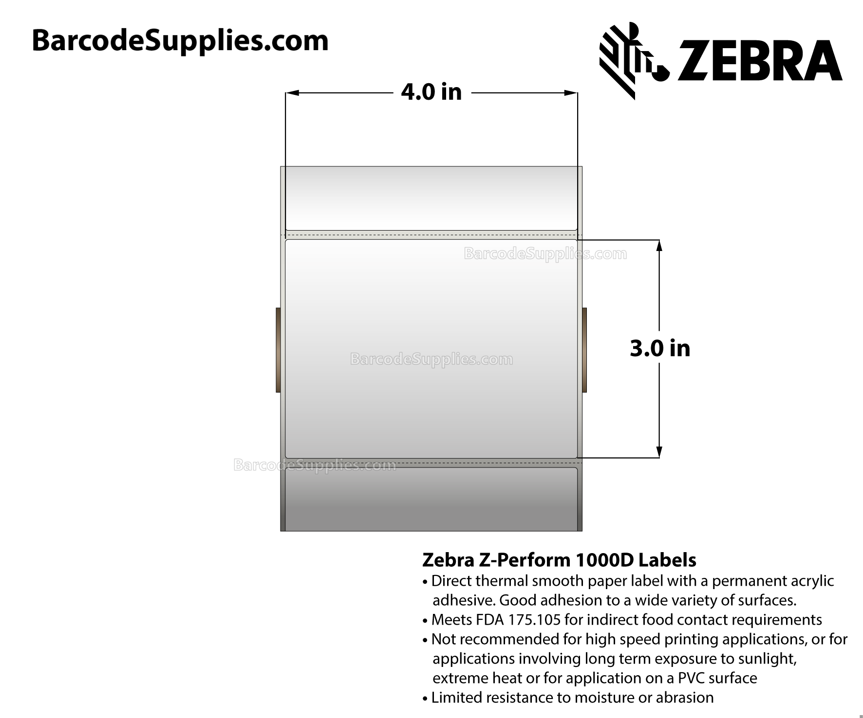 4 x 3 Direct Thermal White Z-Perform 1000D Labels With Permanent Adhesive - Perforated - 840 Labels Per Roll - Carton Of 6 Rolls - 5040 Labels Total - MPN: 10026380