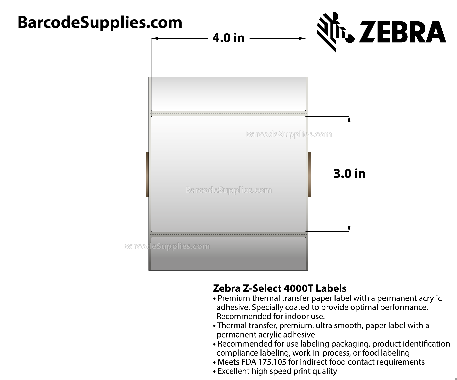 4 x 3 Thermal Transfer White Z-Select 4000T Labels With Permanent Adhesive - Perforated - 930 Labels Per Roll - Carton Of 12 Rolls - 11160 Labels Total - MPN: 800274-305
