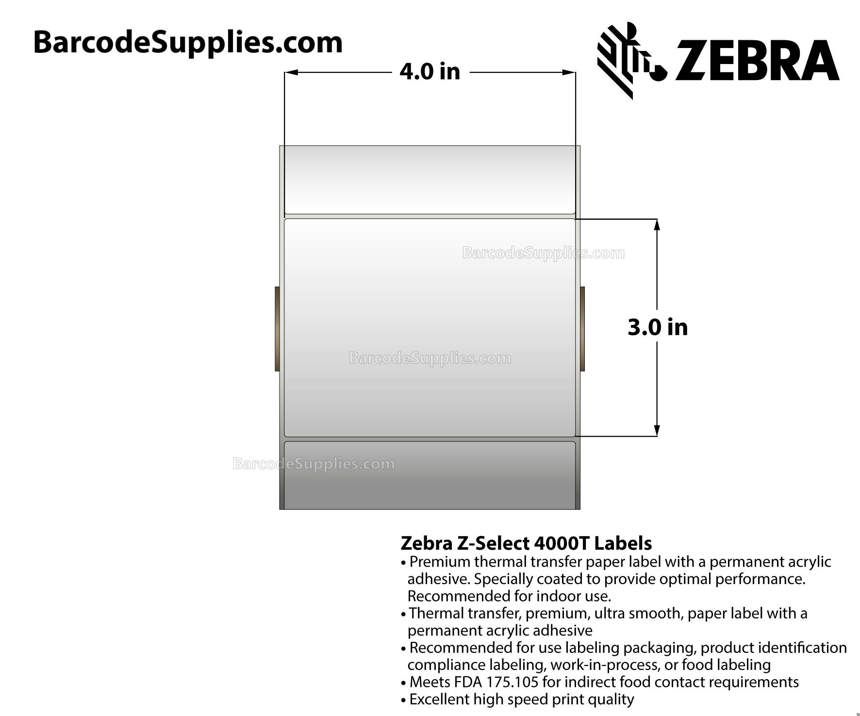 4 x 3 Thermal Transfer White Z-Select 4000T Labels With Permanent Adhesive - Not Perforated - 810 Labels Per Roll - Carton Of 4 Rolls - 3240 Labels Total - MPN: 83262