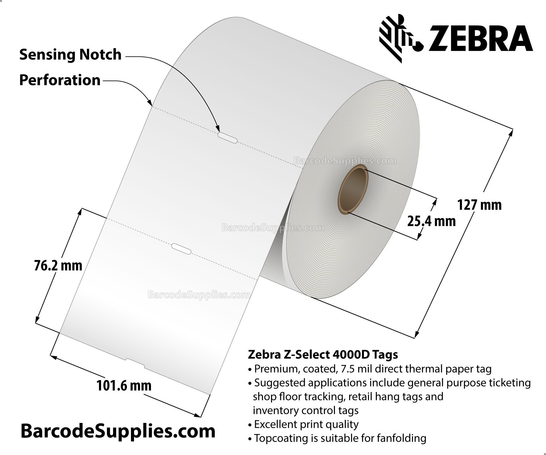 Zebra 4.00 x 3.00 Direct Thermal Labels Z-Select 4000D mil Tag 1