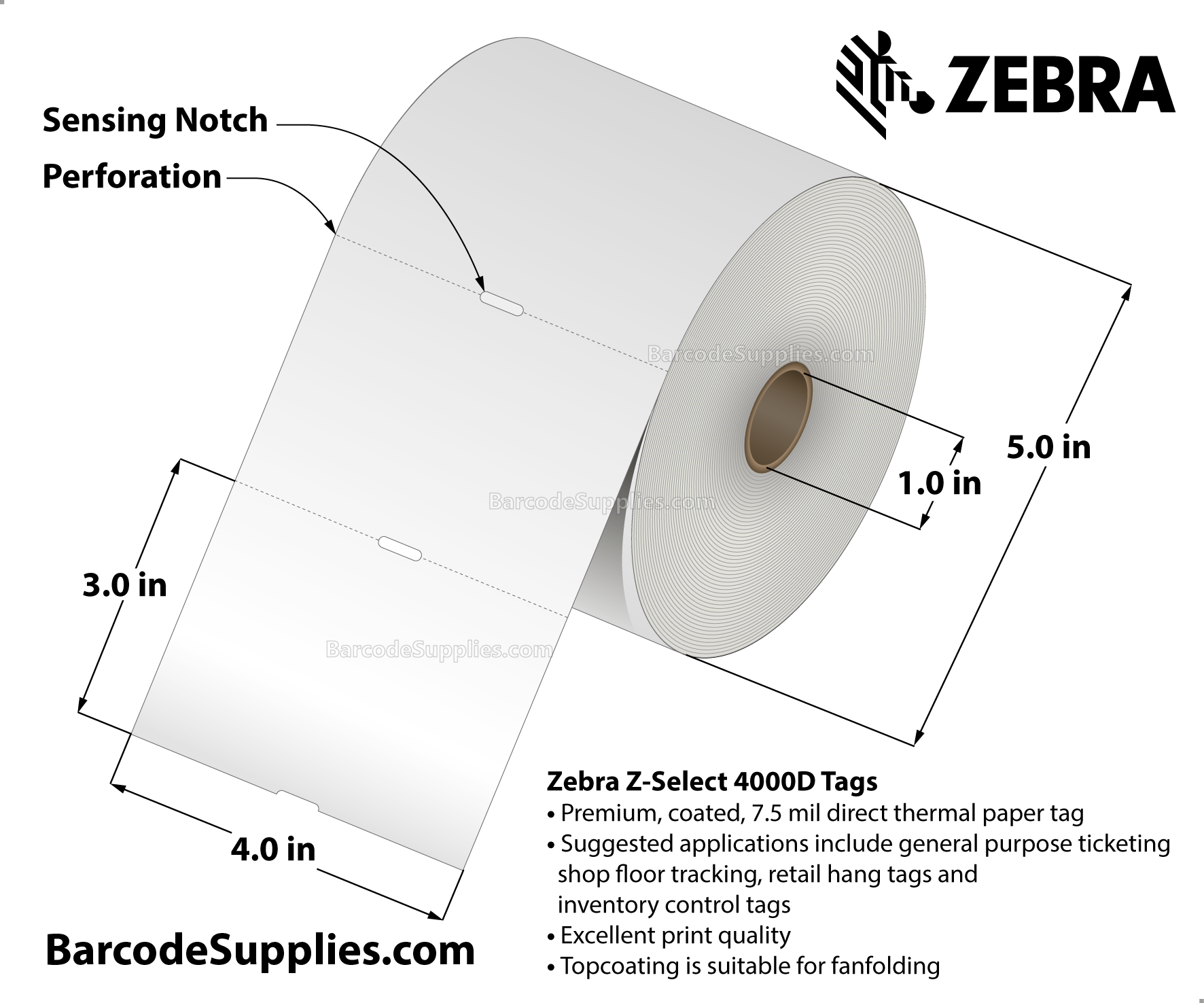 4 x 3 Direct Thermal White Z-Select 4000D 7 mil Tag Tags With No Adhesive - Contains sensing notch - Perforated - 730 Tags Per Roll - Carton Of 4 Rolls - 2920 Tags Total - MPN: 10010056