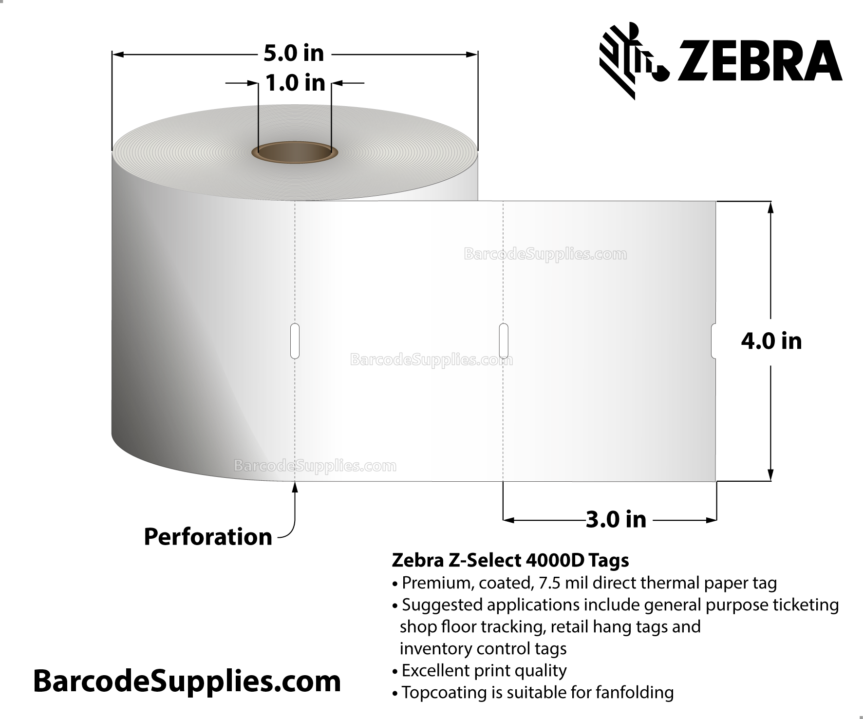 4 x 3 Direct Thermal White Z-Select 4000D 7 mil Tag Tags With No Adhesive - Contains sensing notch - Perforated - 730 Tags Per Roll - Carton Of 4 Rolls - 2920 Tags Total - MPN: 10010056