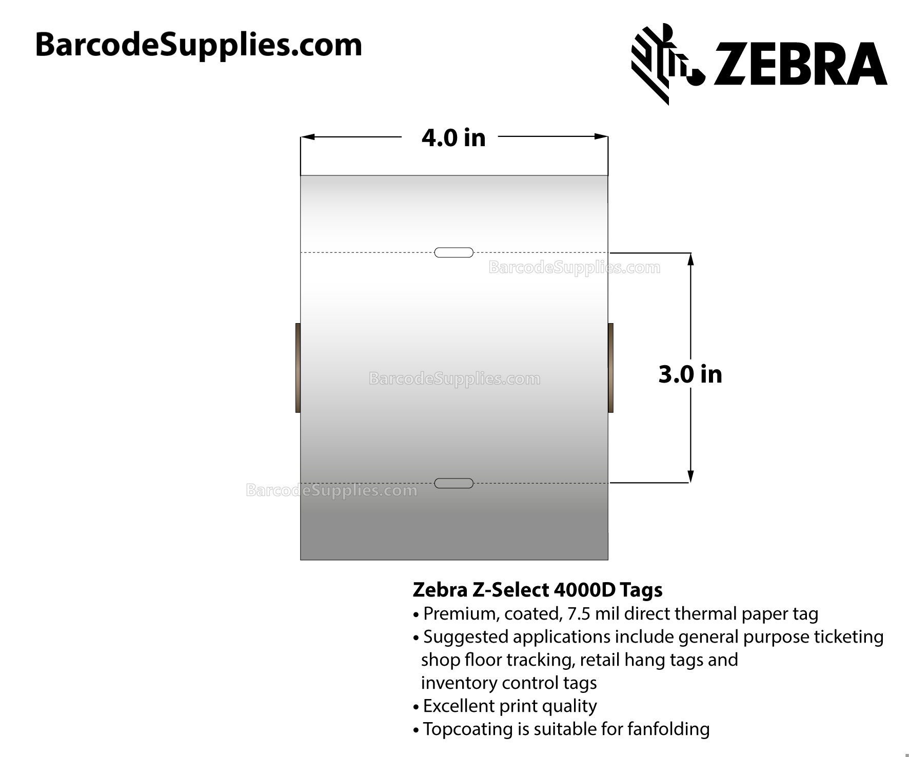 Zebra 4.00 x 3.00 Direct Thermal Labels Z-Select 4000D mil Tag 1" Core  Rolls 2920 Labels