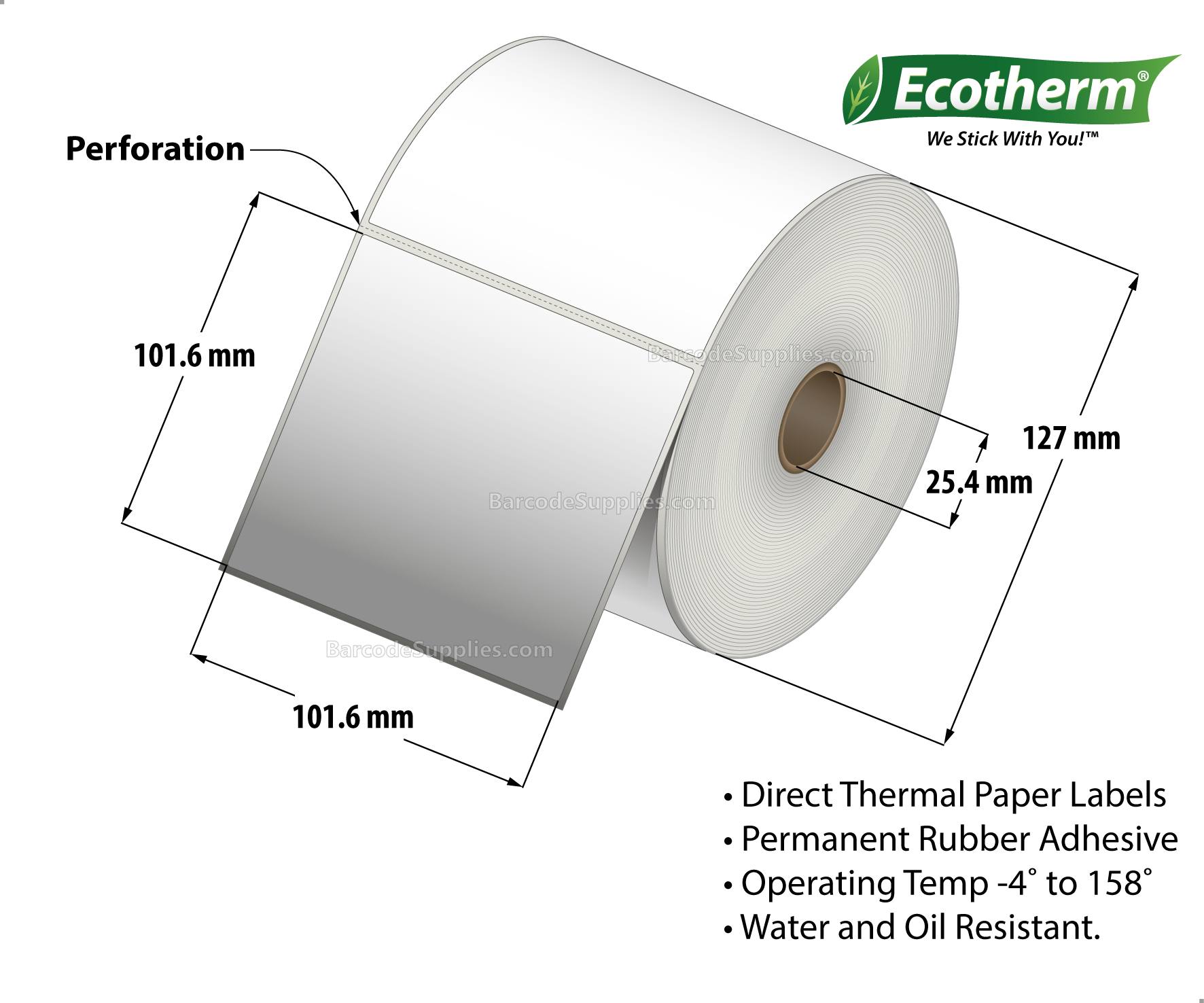 4 x 4 Direct Thermal White Labels With Rubber Adhesive - Perforated - 700 Labels Per Roll - Carton Of 6 Rolls - 4200 Labels Total - MPN: ECOTHERM15152-6