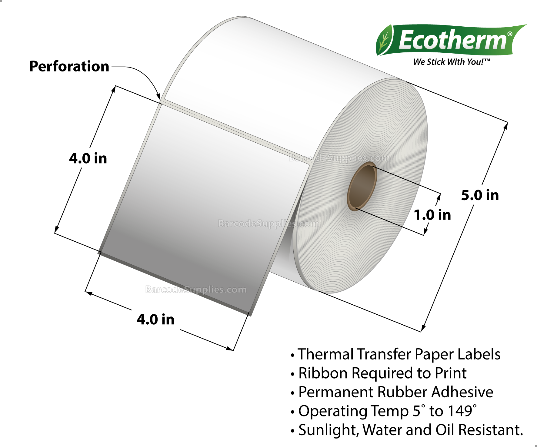4 x 4 Thermal Transfer White Labels With Rubber Adhesive - Perforated - 700 Labels Per Roll - Carton Of 6 Rolls - 4200 Labels Total - MPN: TT5400400-1P-6
