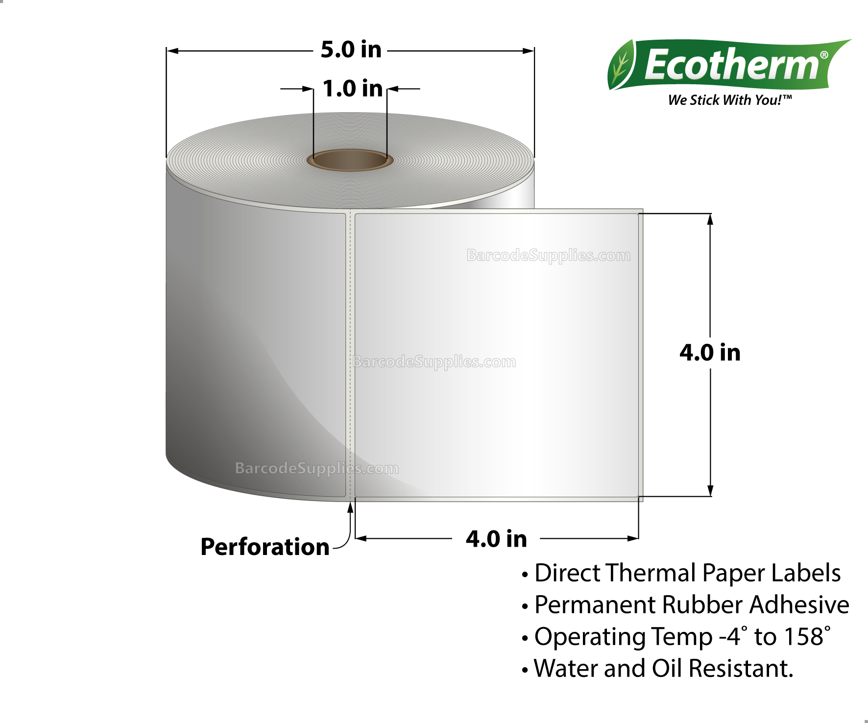 4 x 4 Direct Thermal White Labels With Rubber Adhesive - Perforated - 700 Labels Per Roll - Carton Of 6 Rolls - 4200 Labels Total - MPN: ECOTHERM15152-6