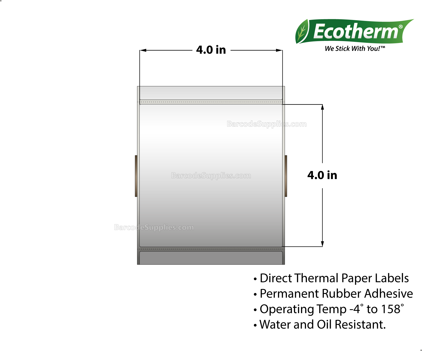 4 x 4 Direct Thermal White Labels With Rubber Adhesive - Perforated - 700 Labels Per Roll - Carton Of 6 Rolls - 4200 Labels Total - MPN: ECOTHERM15152-6