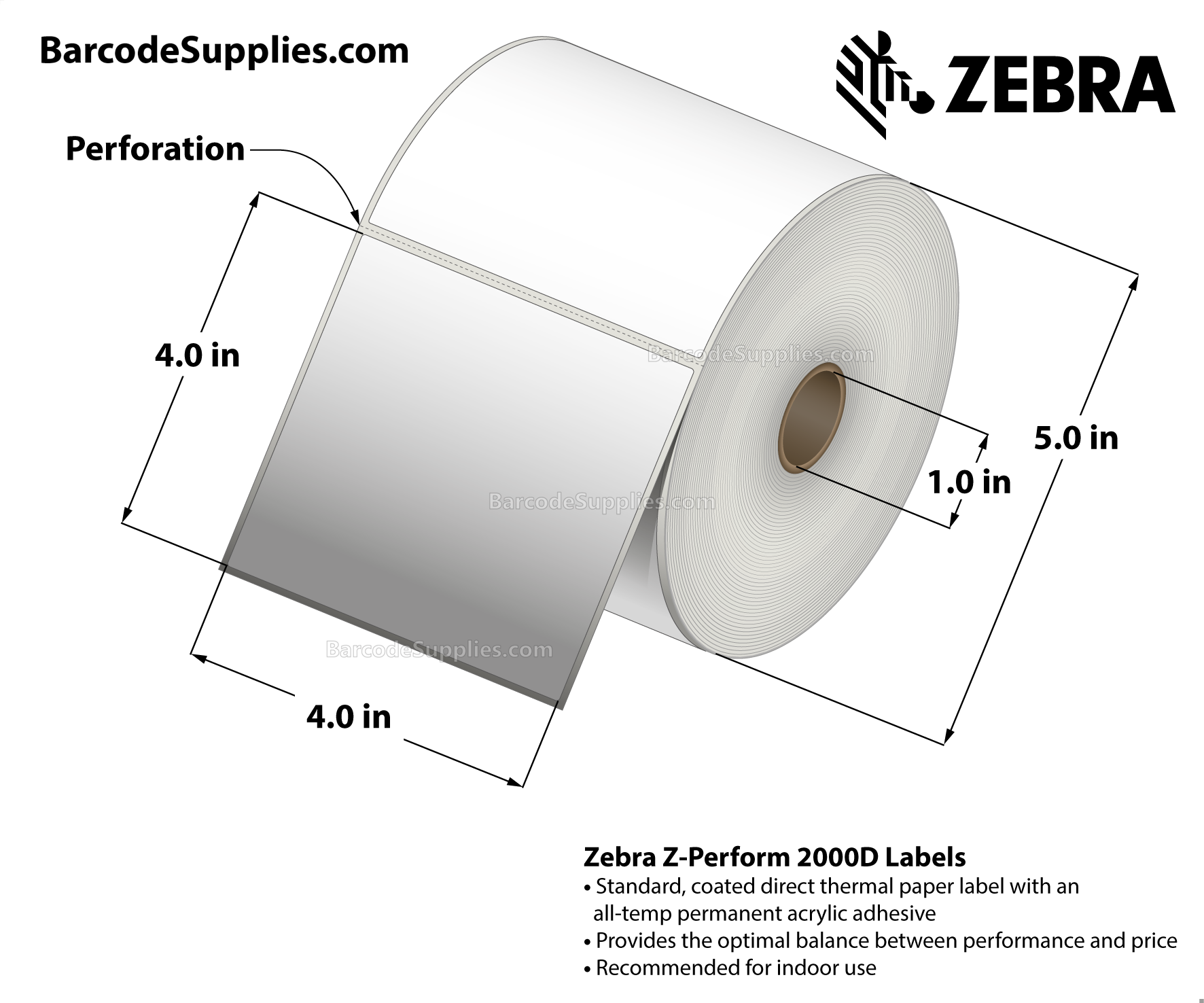 4 x 4 Direct Thermal White Z-Perform 2000D Labels With All-Temp Adhesive - Perforated - 640 Labels Per Roll - Carton Of 6 Rolls - 3840 Labels Total - MPN: 10010033