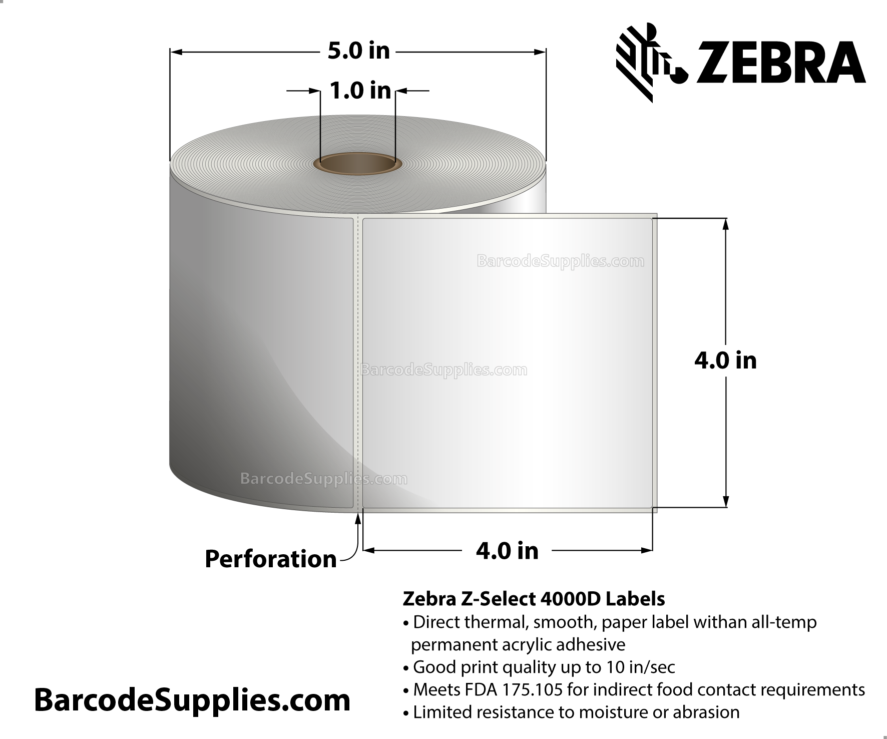 4 x 4 Direct Thermal White Z-Select 4000D Labels With All-Temp Adhesive - Perforated - 700 Labels Per Roll - Carton Of 12 Rolls - 8400 Labels Total - MPN: 10015345
