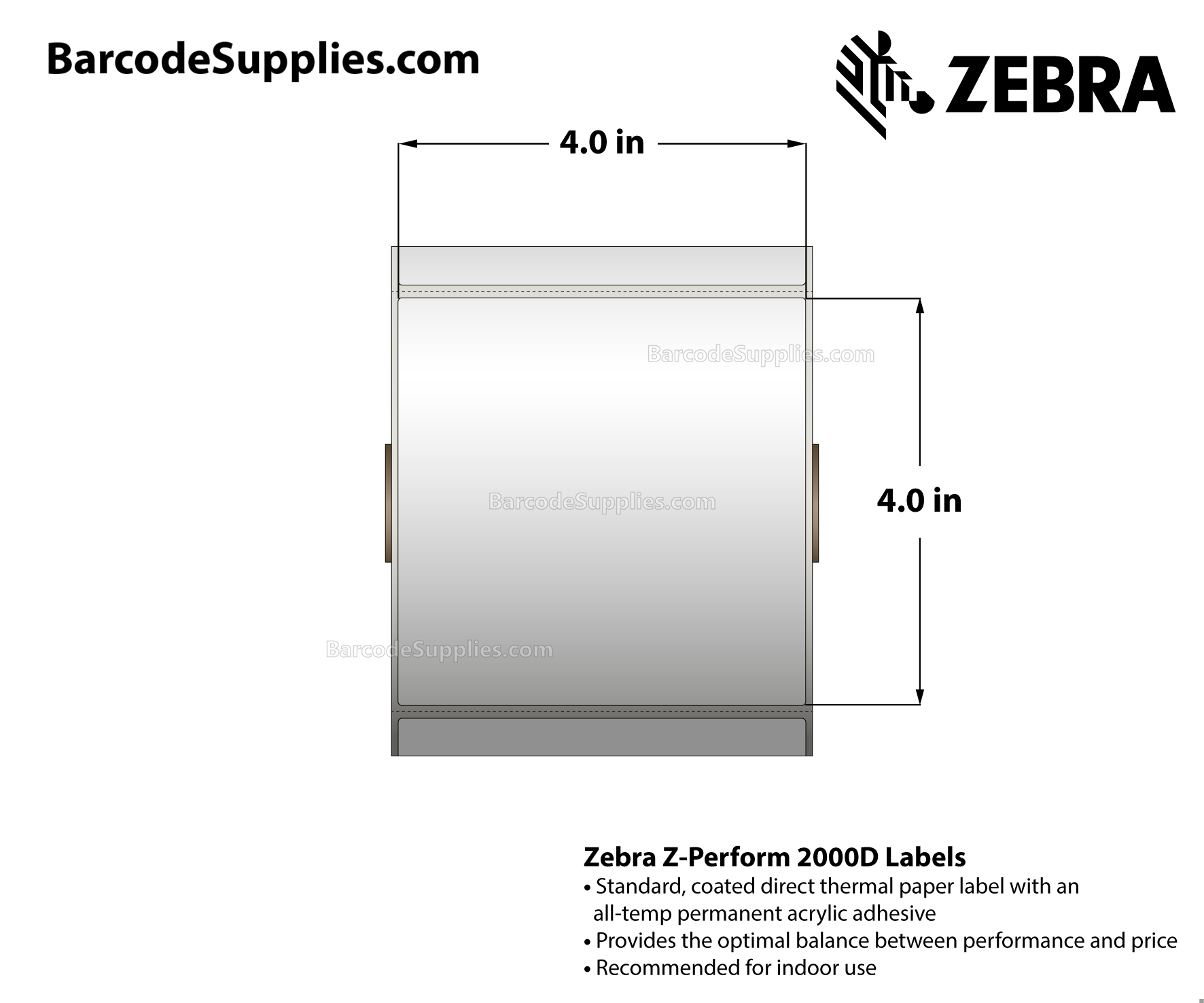 4 x 4 Direct Thermal White Z-Perform 2000D Labels With All-Temp Adhesive - Perforated - 640 Labels Per Roll - Carton Of 6 Rolls - 3840 Labels Total - MPN: 10010033