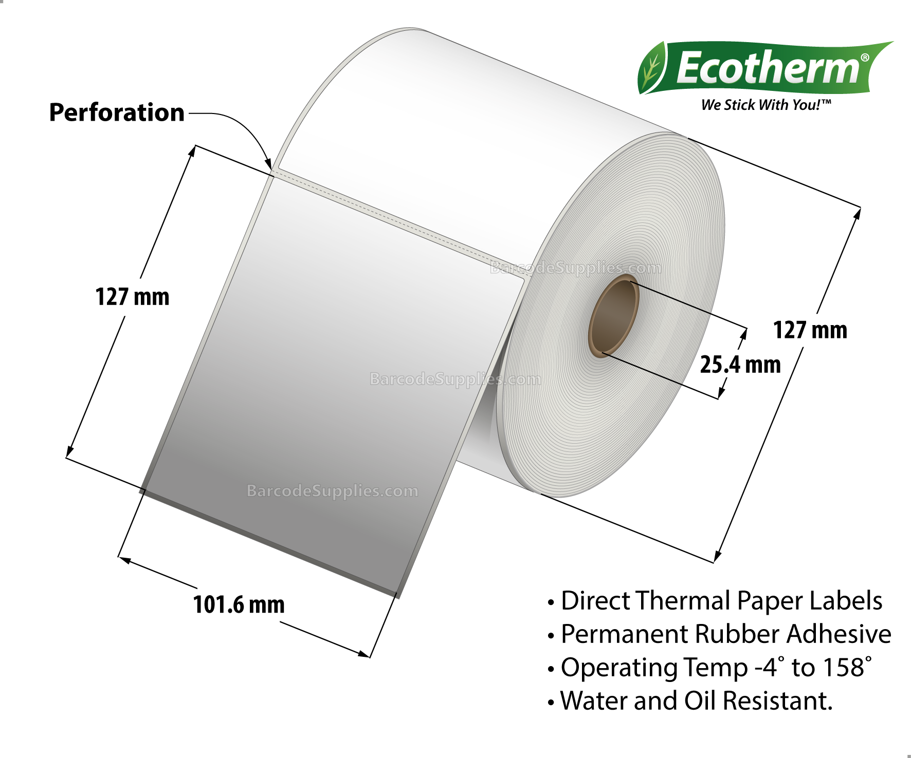 4 x 5 Direct Thermal White Labels With Rubber Adhesive - Perforated - 565 Labels Per Roll - Carton Of 6 Rolls - 3390 Labels Total - MPN: ECOTHERM15153-6