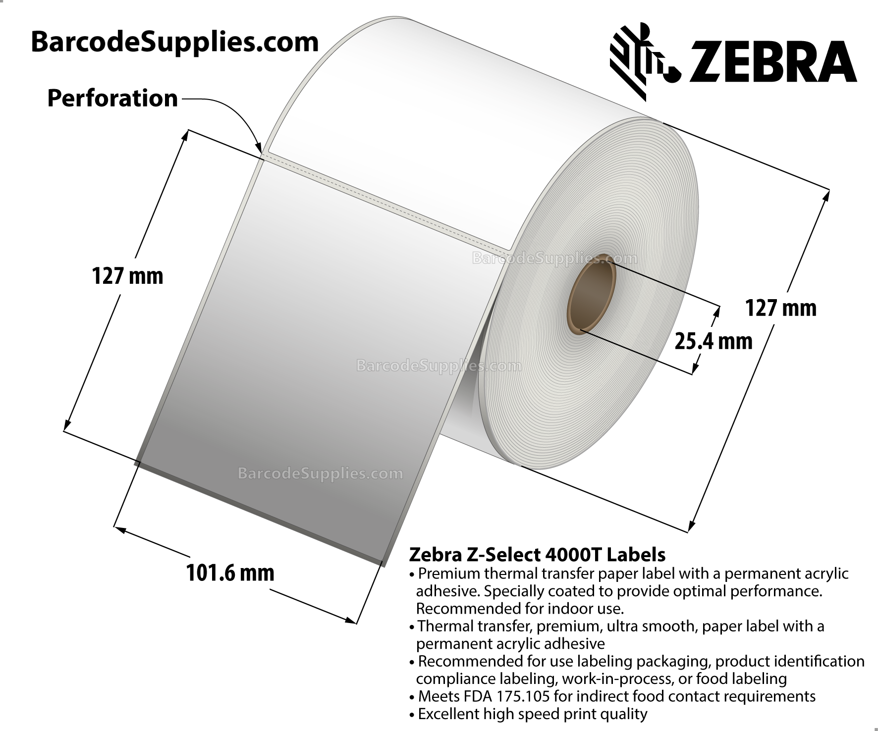 4 x 5 Thermal Transfer White Z-Select 4000T Labels With Permanent Adhesive - Perforated - 570 Labels Per Roll - Carton Of 6 Rolls - 3420 Labels Total - MPN: 10009531