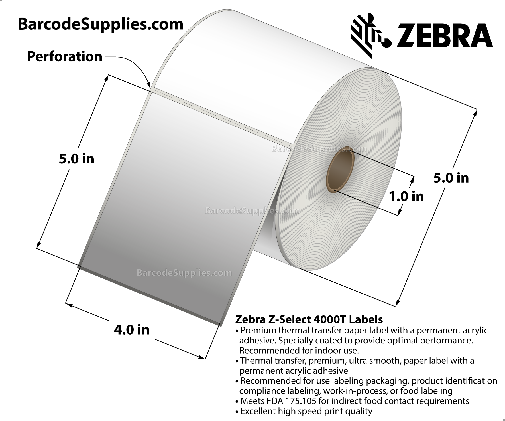 4 x 5 Thermal Transfer White Z-Select 4000T Labels With Permanent Adhesive - Perforated - 570 Labels Per Roll - Carton Of 6 Rolls - 3420 Labels Total - MPN: 10009531
