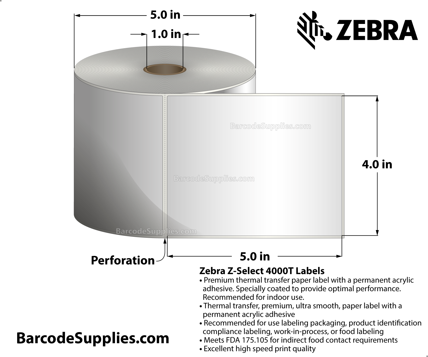 4 x 5 Thermal Transfer White Z-Select 4000T Labels With Permanent Adhesive - Perforated - 570 Labels Per Roll - Carton Of 6 Rolls - 3420 Labels Total - MPN: 10009531