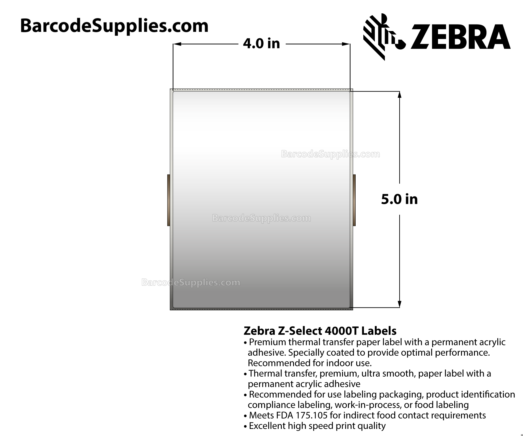 4 x 5 Thermal Transfer White Z-Select 4000T Labels With Permanent Adhesive - Perforated - 570 Labels Per Roll - Carton Of 6 Rolls - 3420 Labels Total - MPN: 10009531