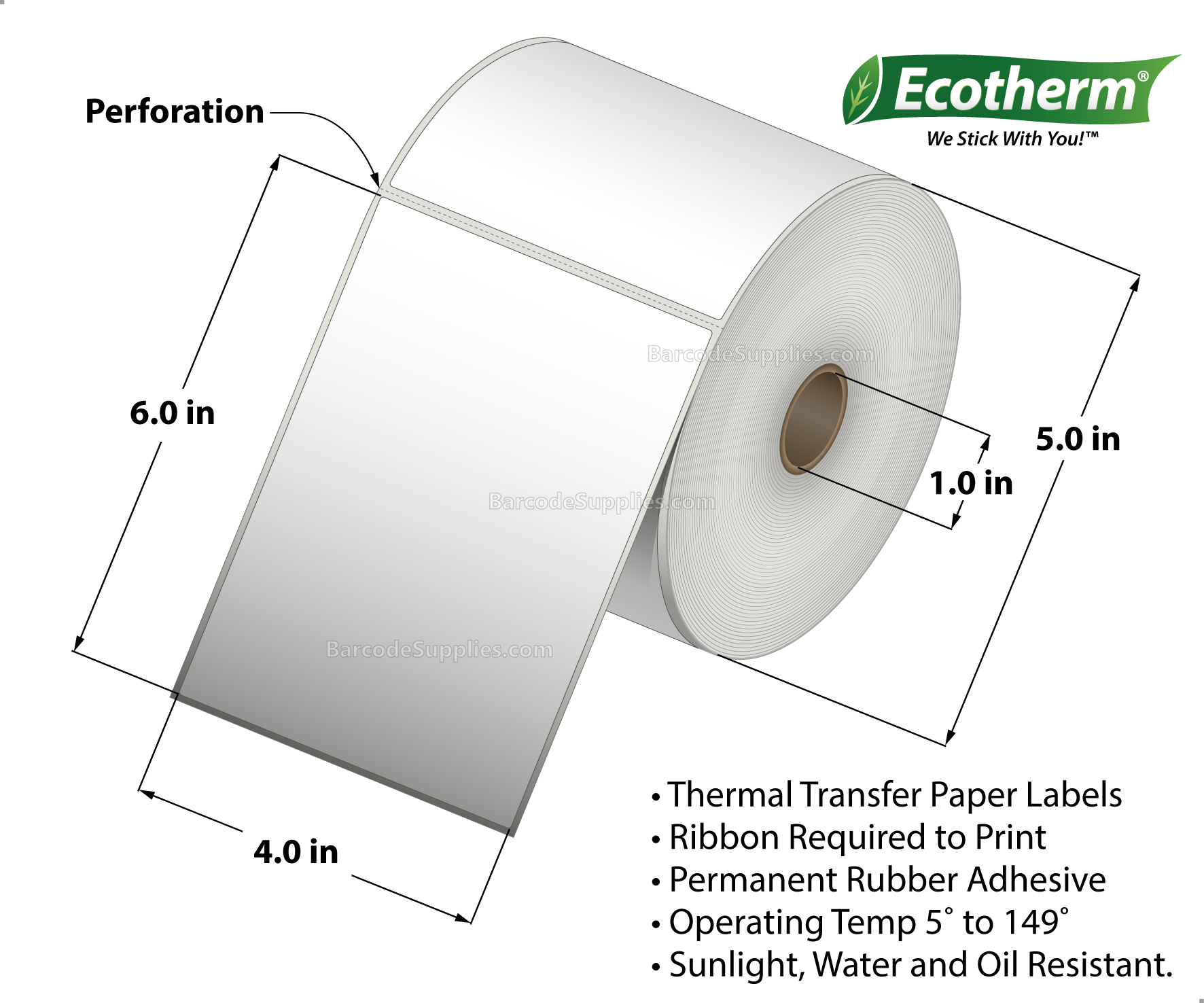 4 x 6 Thermal Transfer White Labels With Rubber Adhesive - Perforated - 475 Labels Per Roll - Carton Of 6 Rolls - 2850 Labels Total - MPN: ECOTHERM25124-6