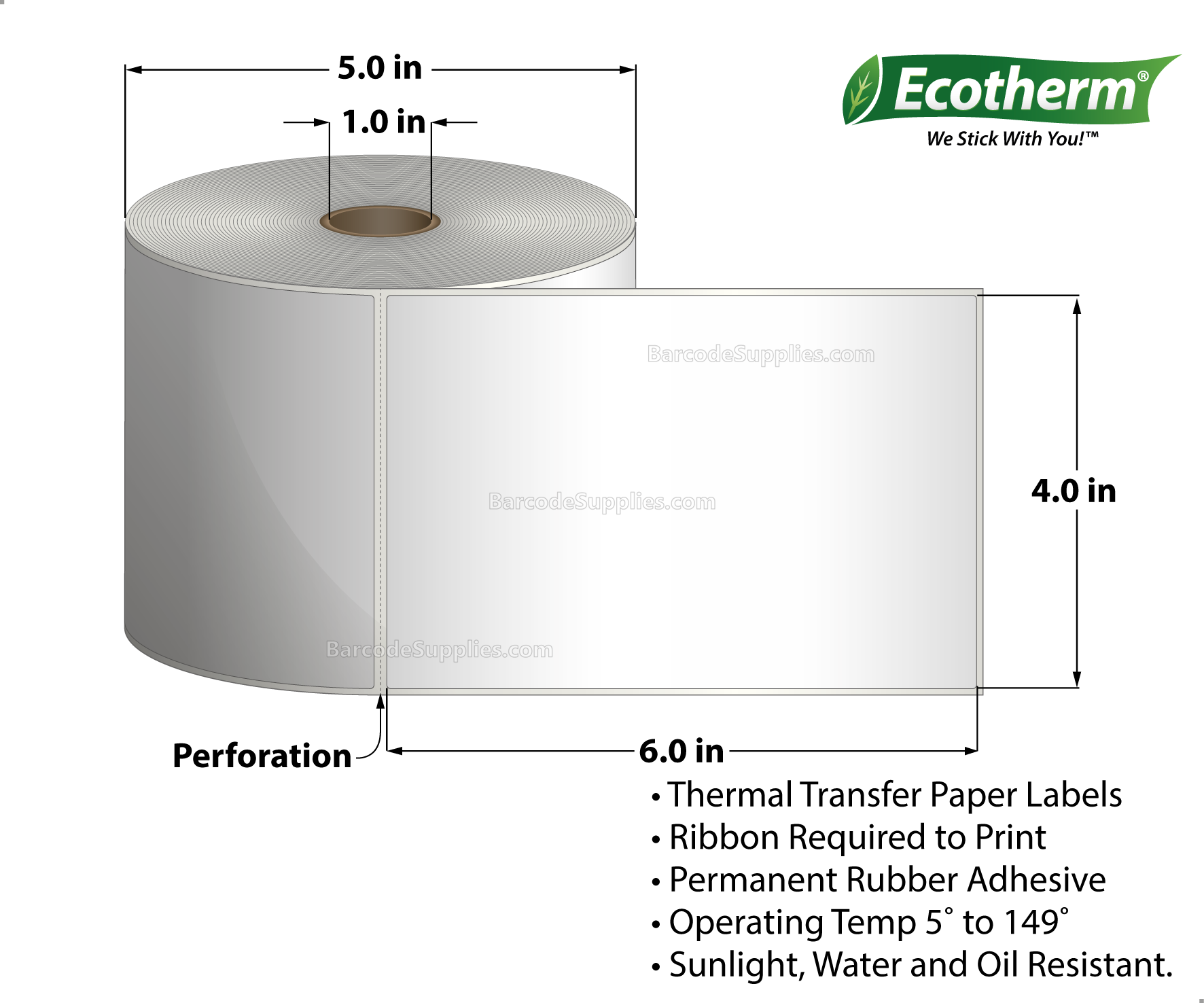 4 x 6 Thermal Transfer White Labels With Rubber Adhesive - Perforated - 475 Labels Per Roll - Carton Of 6 Rolls - 2850 Labels Total - MPN: ECOTHERM25124-6