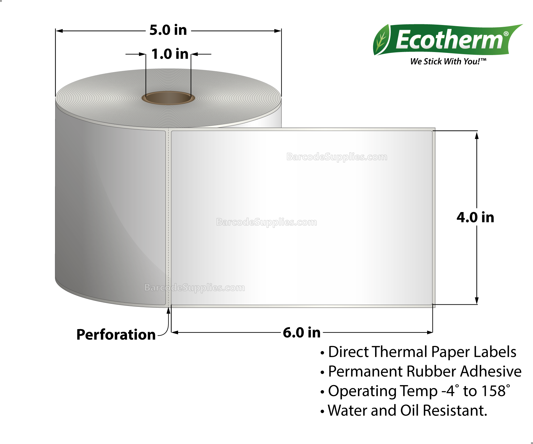 4 x 6 Direct Thermal White Labels With Rubber Adhesive - Perforated - 475 Labels Per Roll - Carton Of 6 Rolls - 2850 Labels Total - MPN: ECOTHERM15154-6