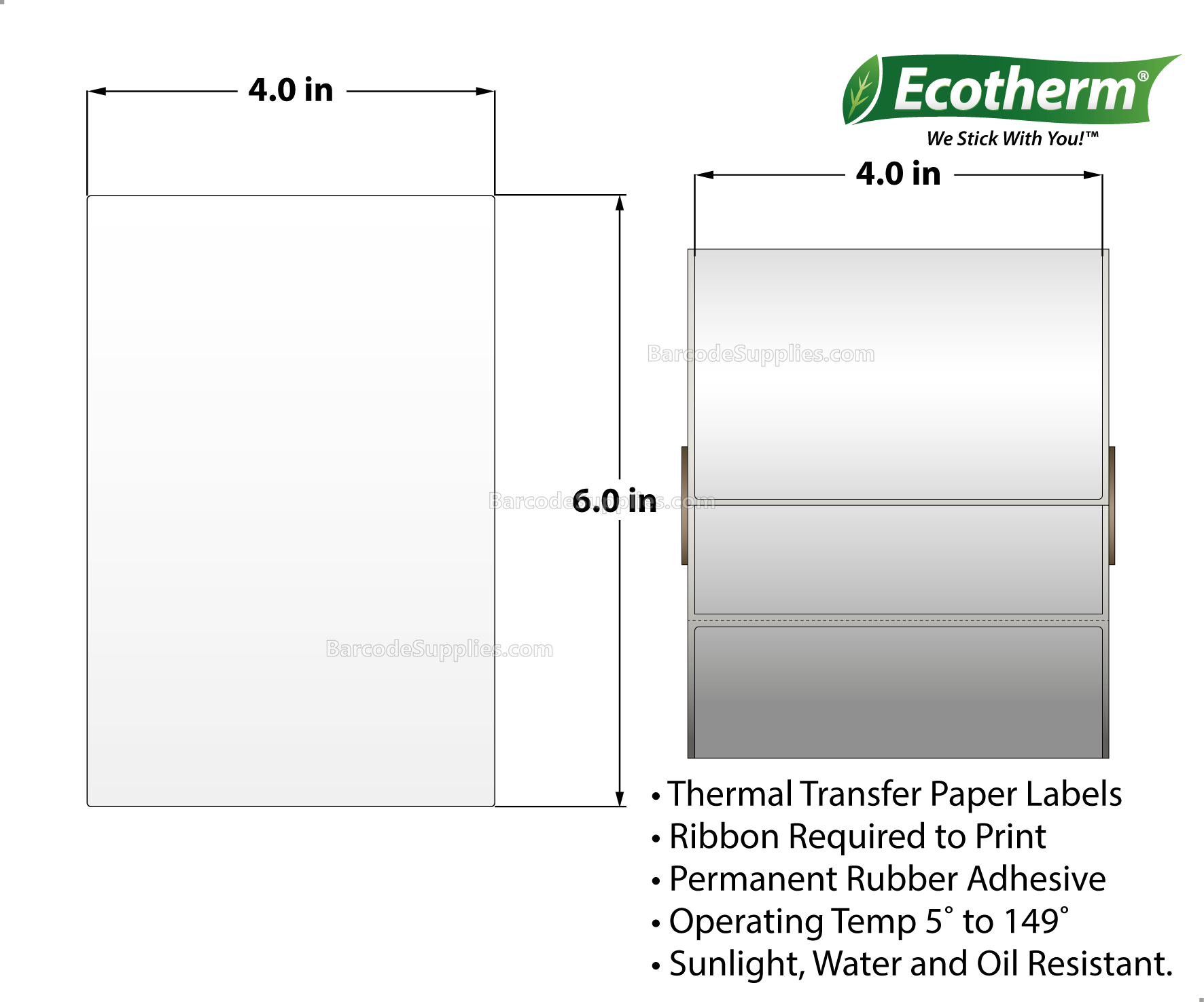 4 x 6 Thermal Transfer White Labels With Rubber Adhesive - Perforated - 475 Labels Per Roll - Carton Of 6 Rolls - 2850 Labels Total - MPN: ECOTHERM25124-6