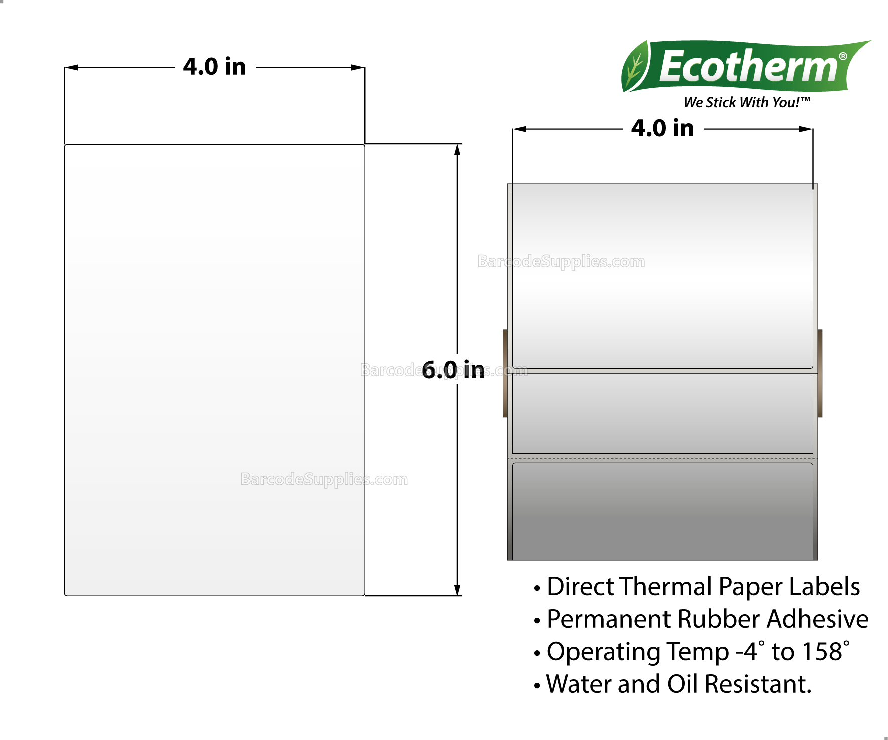 4 x 6 Direct Thermal White Labels With Rubber Adhesive - Perforated - 475 Labels Per Roll - Carton Of 6 Rolls - 2850 Labels Total - MPN: ECOTHERM15154-6