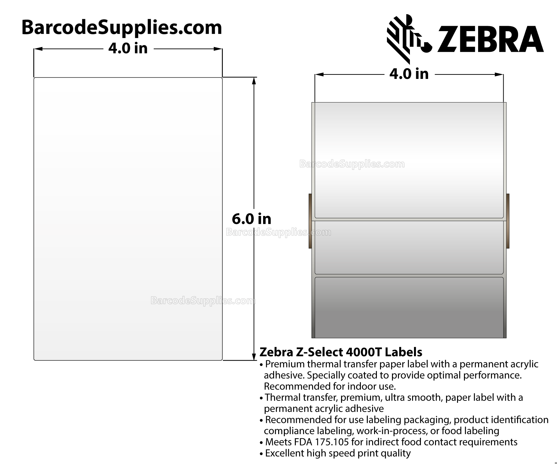 4 x 6 Thermal Transfer White Z-Select 4000T Labels With Permanent Adhesive - Not Perforation - 420 Labels Per Roll - Carton Of 4 Rolls - 1680 Labels Total - MPN: 82868