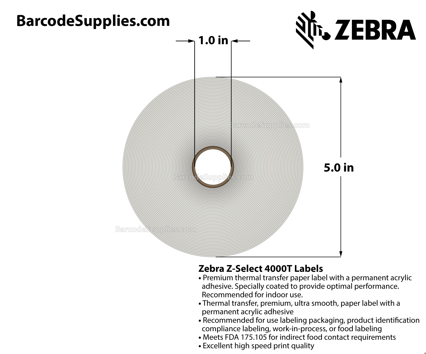 4 x 6 Thermal Transfer White Z-Select 4000T Labels With Permanent Adhesive - Not Perforation - 420 Labels Per Roll - Carton Of 4 Rolls - 1680 Labels Total - MPN: 82868