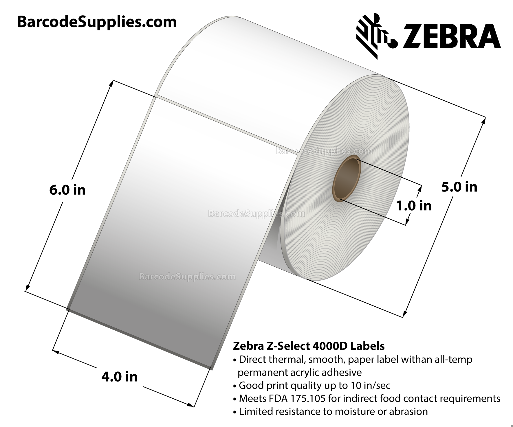 4 x 6 Direct Thermal White Z-Select 4000D Labels With All-Temp Adhesive - Not Perforated - 475 Labels Per Roll - Carton Of 6 Rolls - 2850 Labels Total - MPN: 10010049