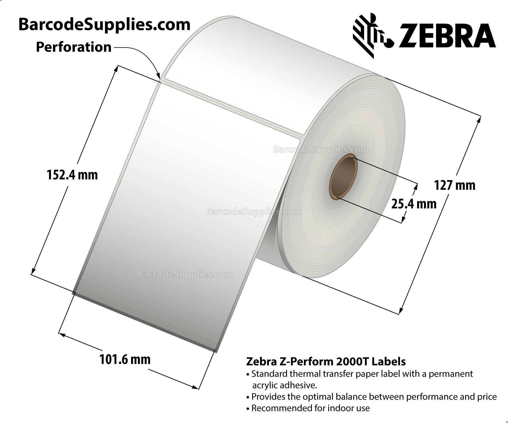 4 x 6 Thermal Transfer White Z-Perform 2000T Labels With Permanent Adhesive - Perforated - 460 Labels Per Roll - Carton Of 6 Rolls - 2760 Labels Total - MPN: 10005853