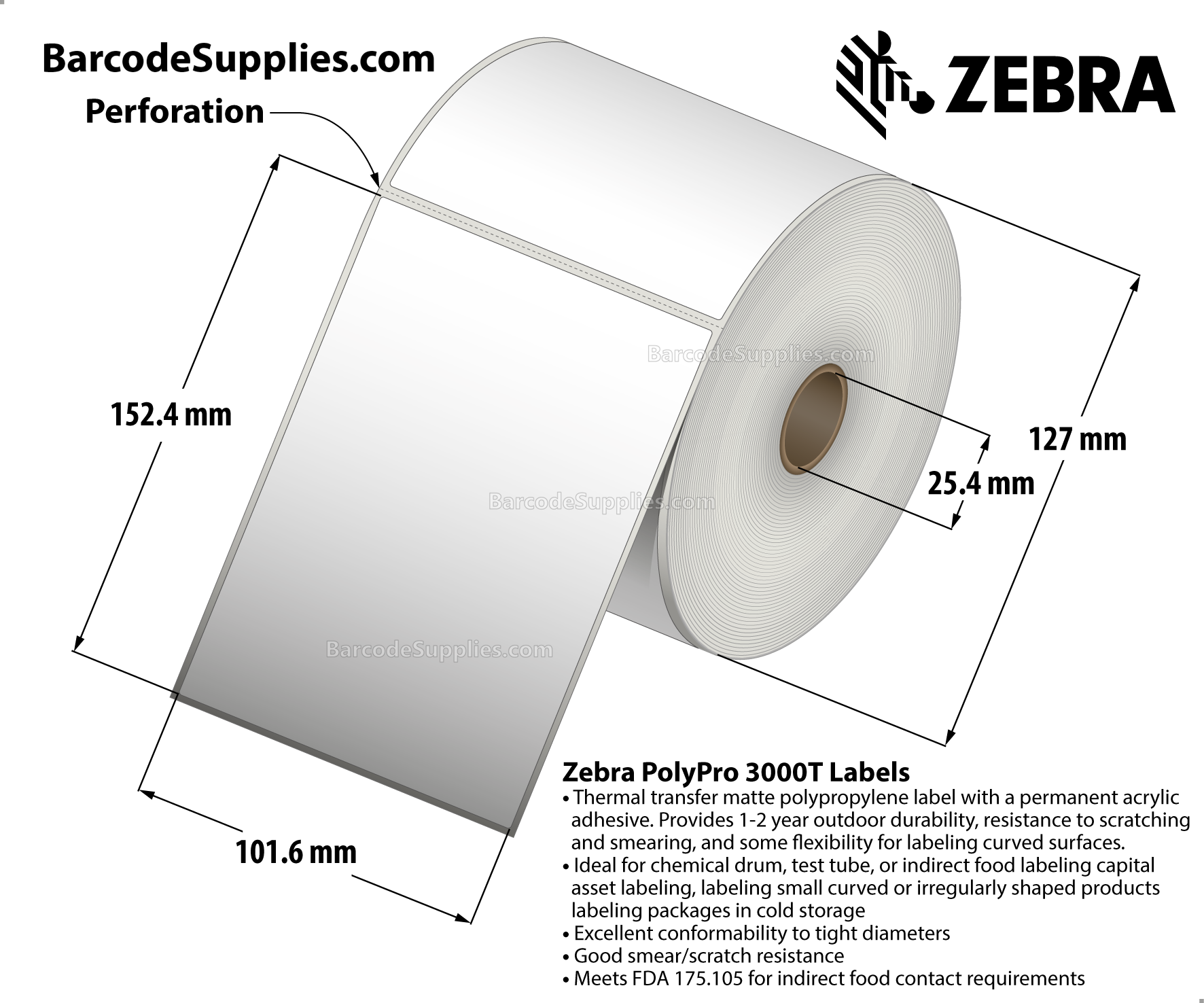 4 x 6 Thermal Transfer White PolyPro 3000T Labels With Permanent Adhesive - Perforated - 390 Labels Per Roll - Carton Of 4 Rolls - 1560 Labels Total - MPN: 18926