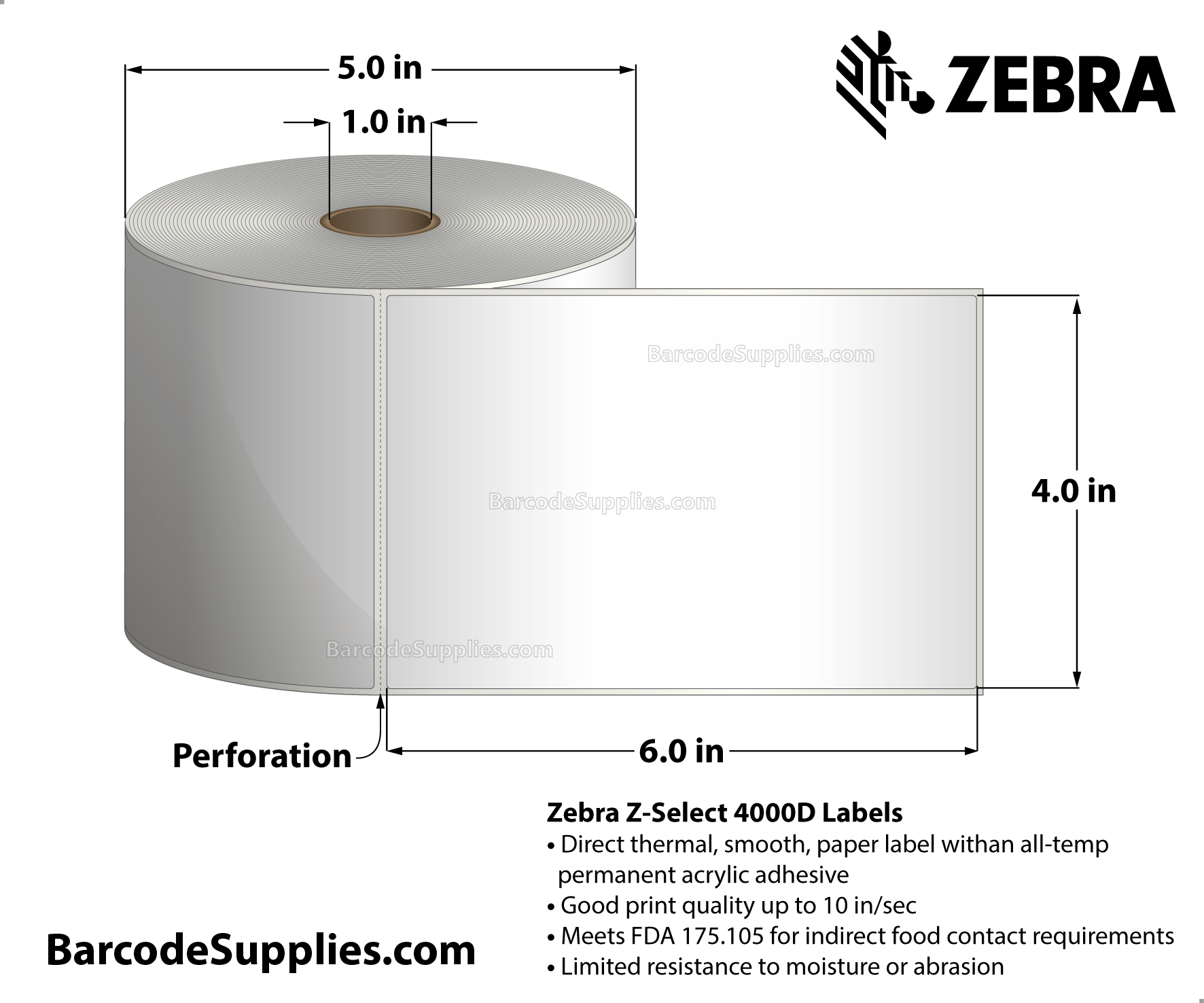 4 x 6 Direct Thermal White Z-Select 4000D Labels With All-Temp Adhesive - Perforated - 475 Labels Per Roll - Carton Of 12 Rolls - 5700 Labels Total - MPN: 10015347