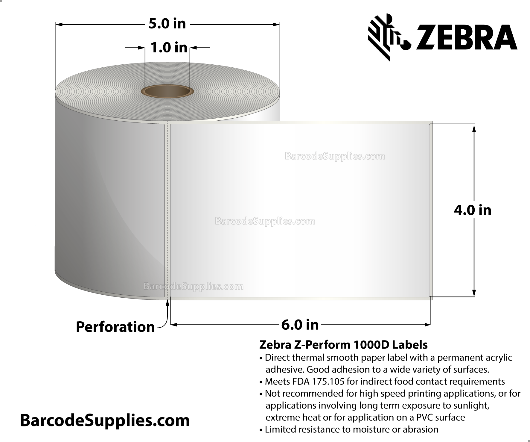 4 x 6 Direct Thermal White Z-Perform 1000D Labels With Permanent Adhesive - Perforated - 430 Labels Per Roll - Carton Of 6 Rolls - 2580 Labels Total - MPN: 10026382