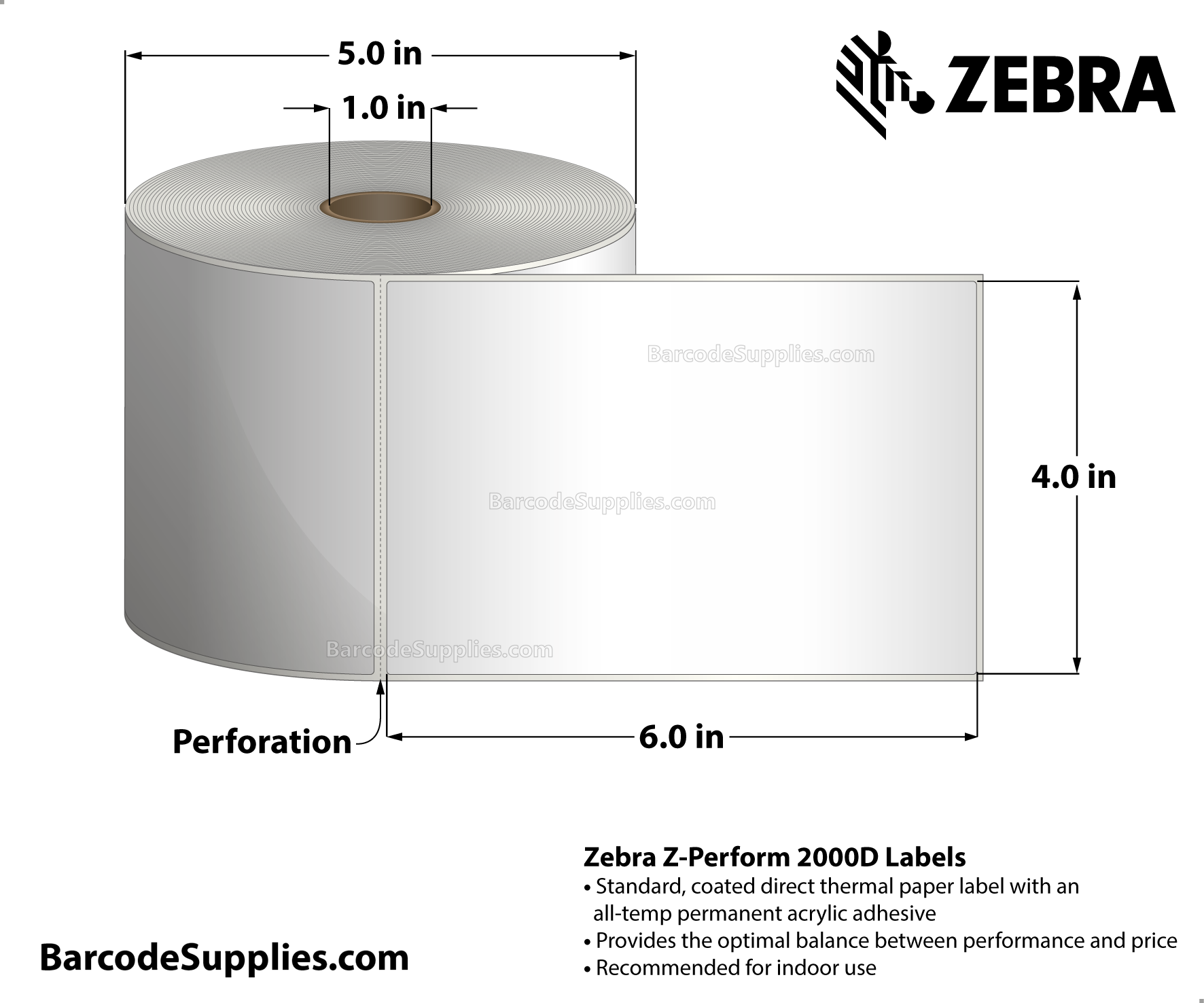 4 x 6 Direct Thermal White Z-Perform 2000D Labels With All-Temp Adhesive - Perforated - 430 Labels Per Roll - Carton Of 6 Rolls - 2580 Labels Total - MPN: 10010034