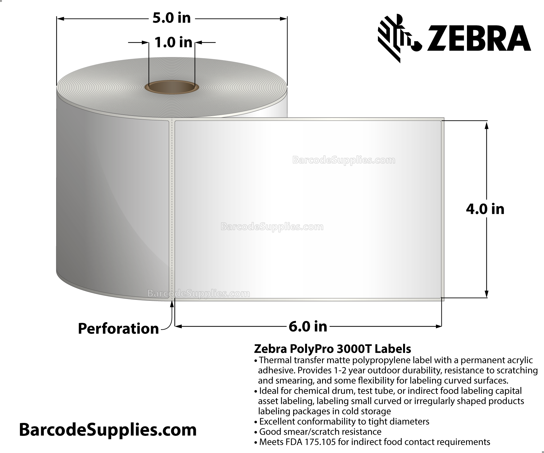 4 x 6 Thermal Transfer White PolyPro 3000T Labels With Permanent Adhesive - Perforated - 390 Labels Per Roll - Carton Of 4 Rolls - 1560 Labels Total - MPN: 18926
