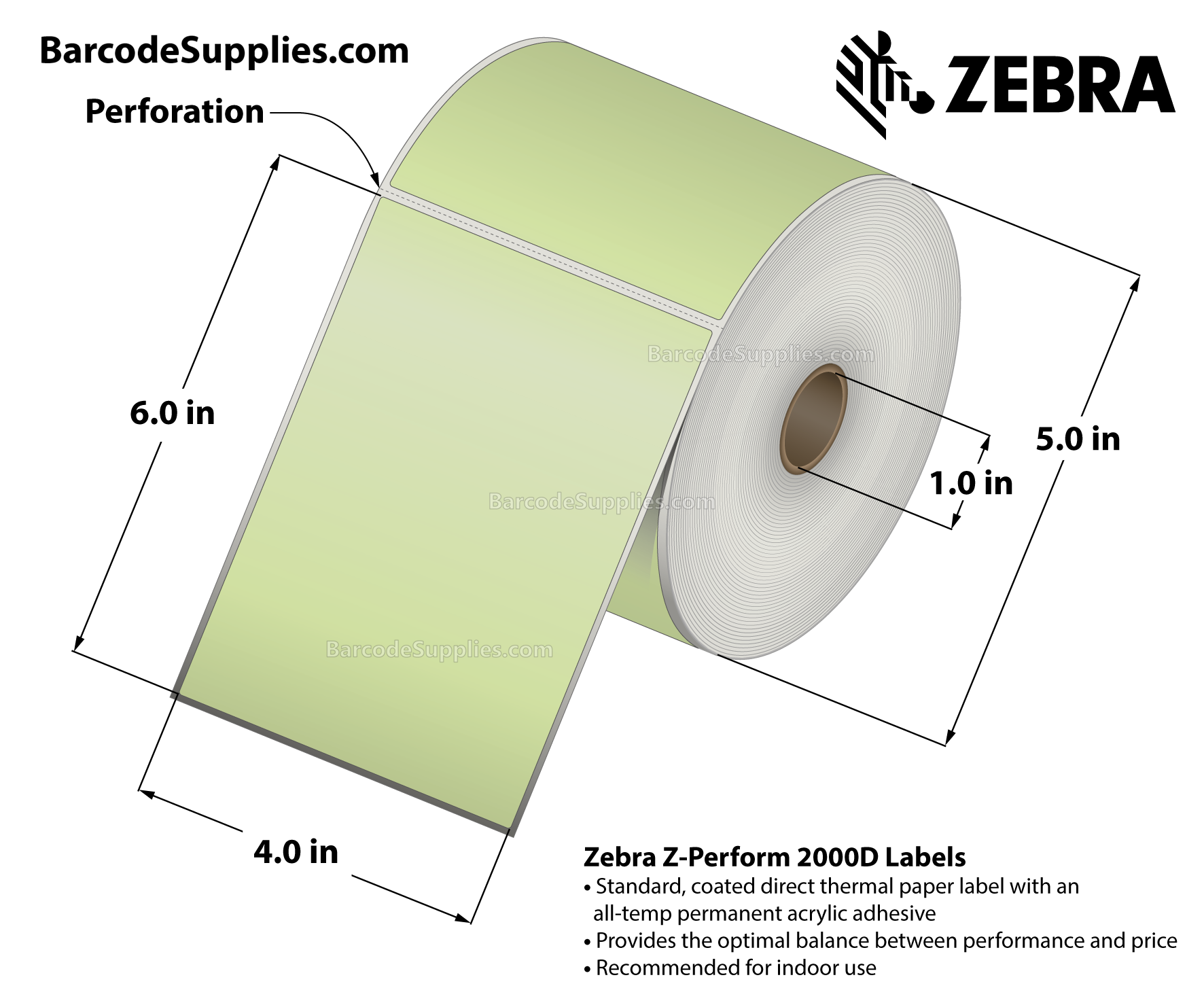 4 x 6 Direct Thermal Green - PMS 365 Z-Perform 2000D Floodcoated (Green) Labels With All-Temp Adhesive - Perforated - 430 Labels Per Roll - Carton Of 6 Rolls - 2580 Labels Total - MPN: 10010035-1
