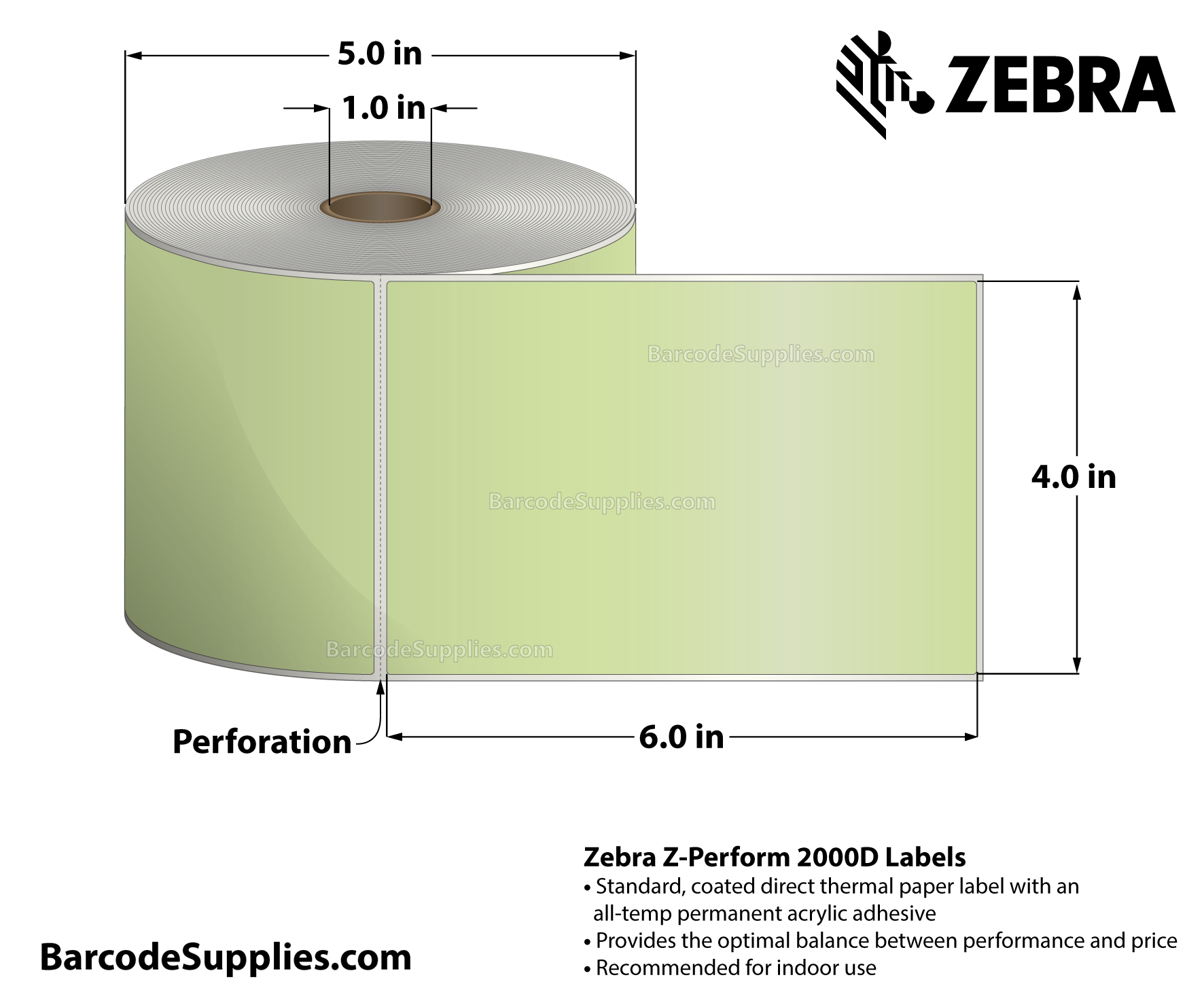 4 x 6 Direct Thermal Green - PMS 365 Z-Perform 2000D Floodcoated (Green) Labels With All-Temp Adhesive - Perforated - 430 Labels Per Roll - Carton Of 6 Rolls - 2580 Labels Total - MPN: 10010035-1