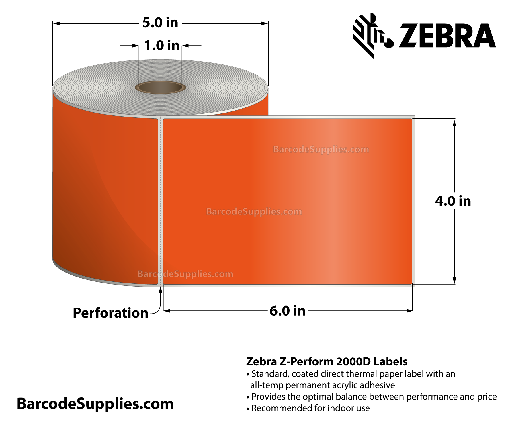 4 x 6 Direct Thermal Orange - PMS 021 Z-Perform 2000D Floodcoated (Orange) Labels With All-Temp Adhesive - Perforated - 430 Labels Per Roll - Carton Of 6 Rolls - 2580 Labels Total - MPN: 10010035-2