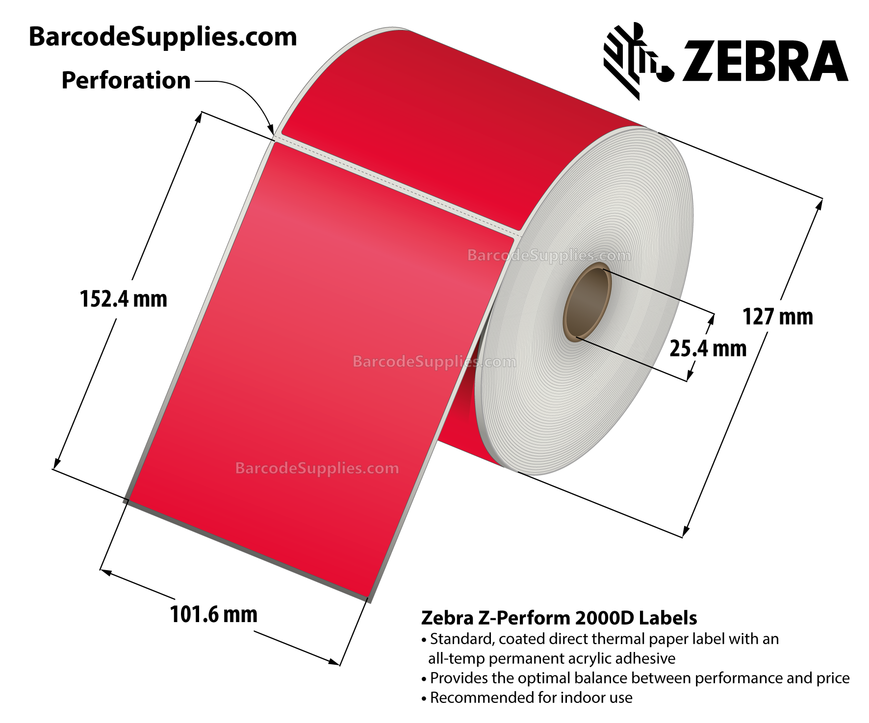 4 x 6 Direct Thermal Red - PMS 185 Z-Perform 2000D Floodcoated (Red) Labels With All-Temp Adhesive - Perforated - 430 Labels Per Roll - Carton Of 6 Rolls - 2580 Labels Total - MPN: 10010035-3
